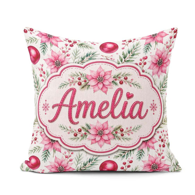 Custom Name Watercolor Poinsettia Berry Pine Christmas Seamless Square Filled Cushion Throw Pillow Sofa Bed Home Decor Zip Washable UK Made
