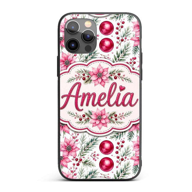 Watercolor Poinsettia Berry Pine Printed Design Custom Name Protective Phone Case Mobile Cover Durable Everyday Smartphone Shock Resistant