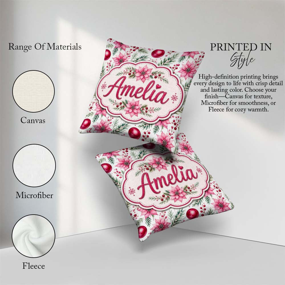 Custom Name Watercolor Poinsettia Berry Pine Christmas Seamless Square Filled Cushion Throw Pillow Sofa Bed Home Decor Zip Washable UK Made