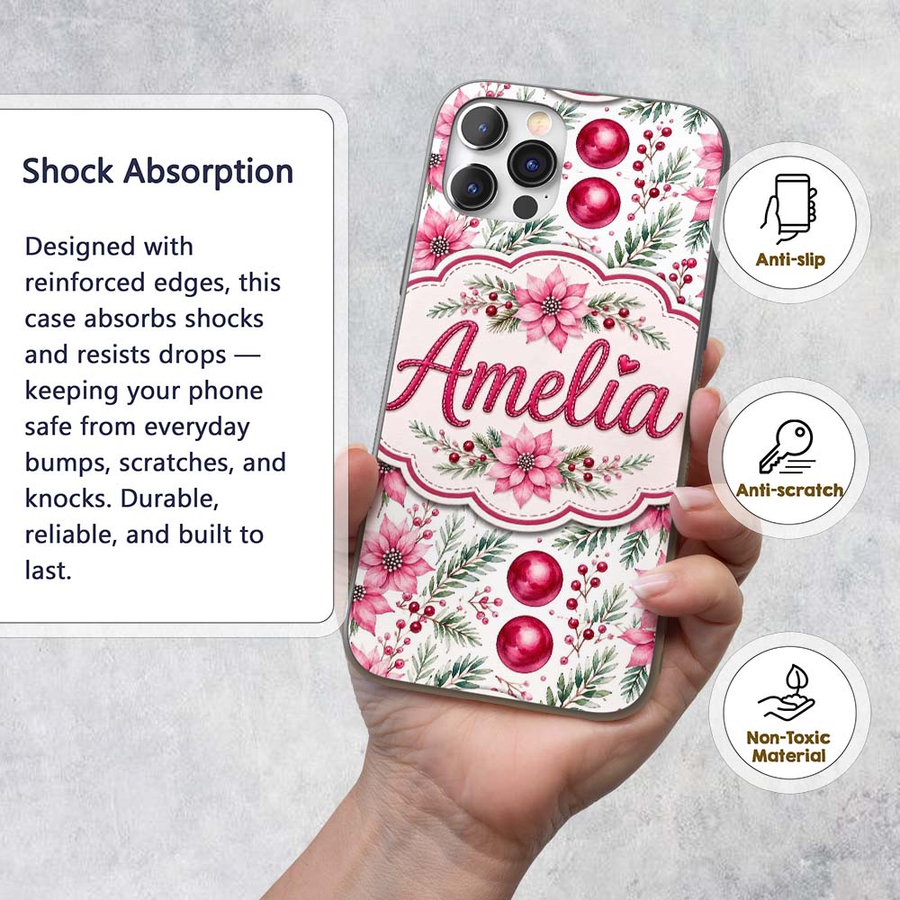 Watercolor Poinsettia Berry Pine Printed Design Custom Name Protective Phone Case Mobile Cover Durable Everyday Smartphone Shock Resistant