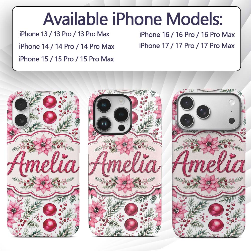 Watercolor Poinsettia Berry Pine Printed Design Custom Name Protective Phone Case Mobile Cover Durable Everyday Smartphone Shock Resistant