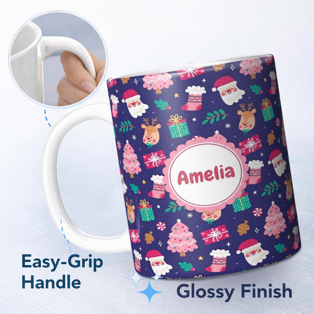 Personalized Custom Name Cute Santa Reindeer Tree Gift Festive Night Seamless Pattern Lovely 11oz Ceramic Coffee Tea Mug White Large Handle