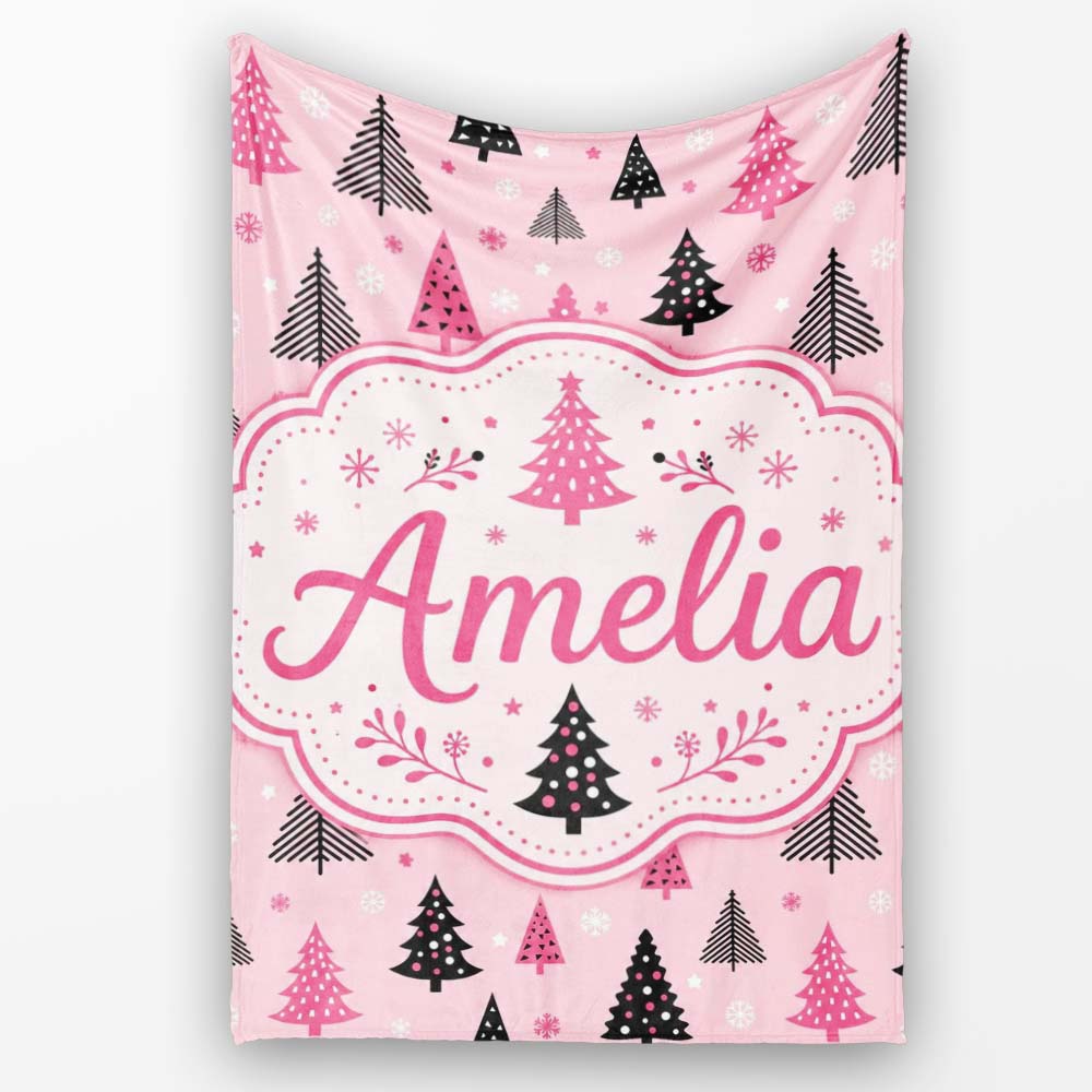 Pink Black Christmas Tree Snowflake Seamless Pattern Lovely  Personalised Custom Name Super Soft Fleece Blanket Bed Sofa Throw