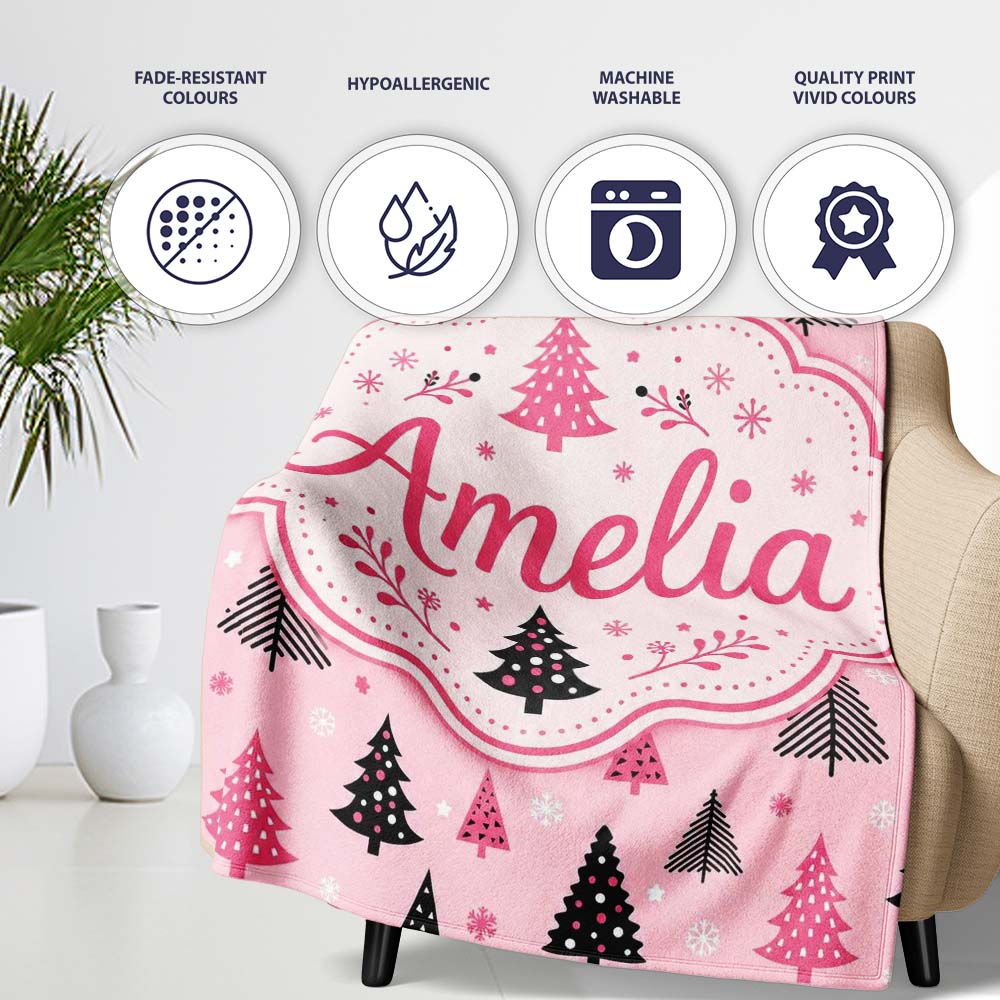 Pink Black Christmas Tree Snowflake Seamless Pattern Lovely  Personalised Custom Name Super Soft Fleece Blanket Bed Sofa Throw
