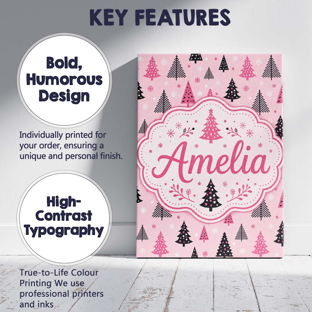 Personalised Name Pink Black Christmas Tree Custom  Bespoke Interior Contemporary Canvas Wall Art Print Decor Picture Ready to Hang
