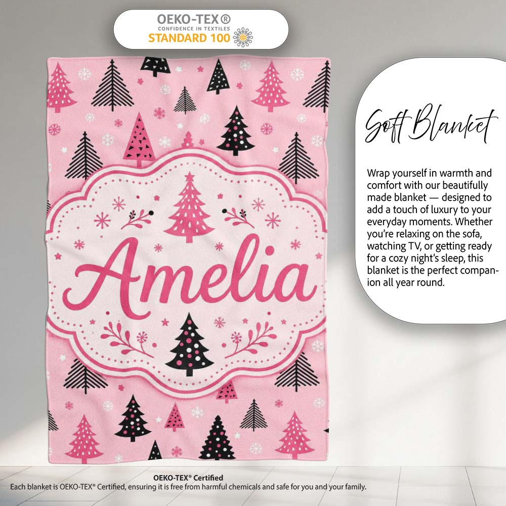 Pink Black Christmas Tree Snowflake Seamless Pattern Lovely  Personalised Custom Name Super Soft Fleece Blanket Bed Sofa Throw