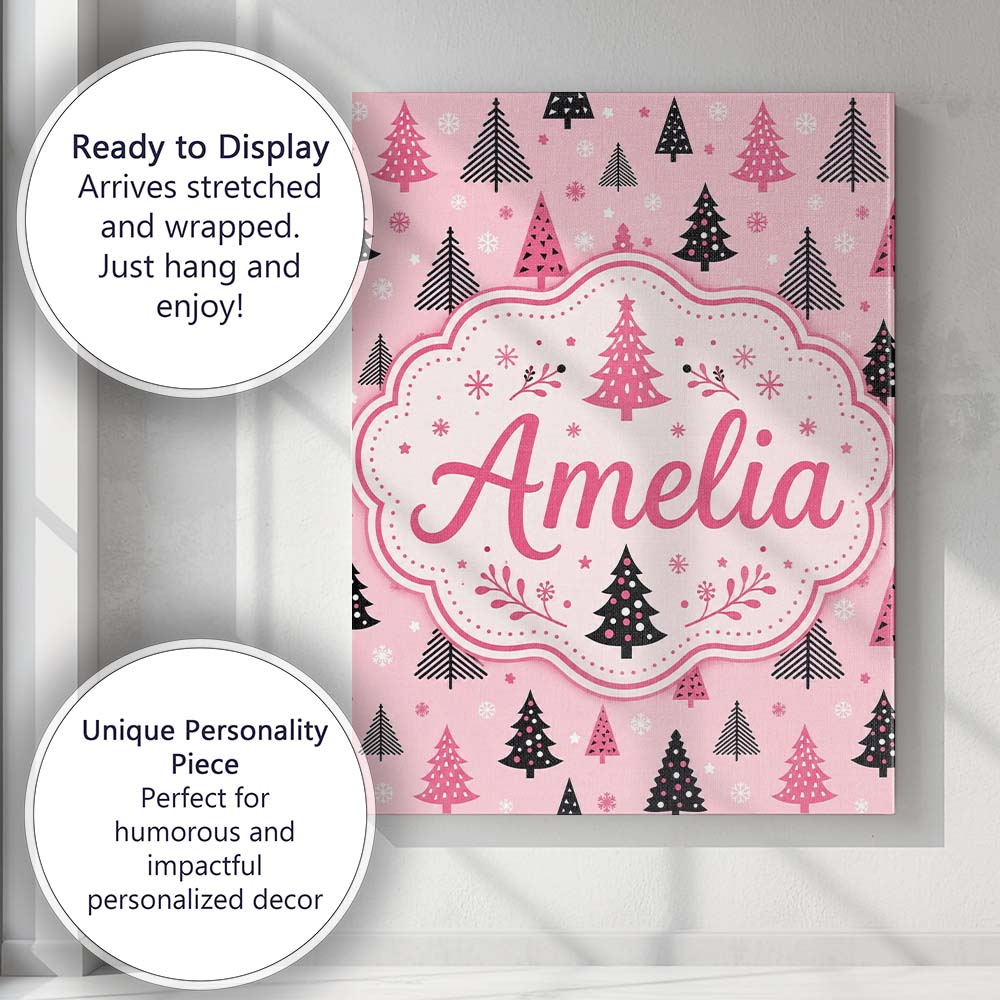 Personalised Name Pink Black Christmas Tree Custom  Bespoke Interior Contemporary Canvas Wall Art Print Decor Picture Ready to Hang