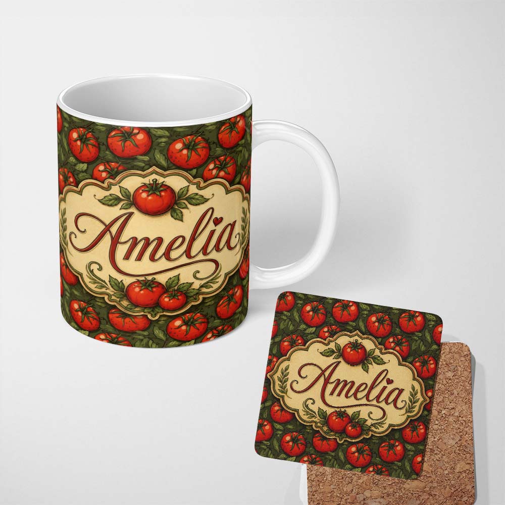 Personalized Custom Name Realistic Red Tomatoes with Leaves on Dark Green Background Pattern 11oz Ceramic Coffee Tea Mug White Large Handle