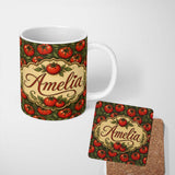 Personalized Custom Name Realistic Red Tomatoes with Leaves on Dark Green Background Pattern 11oz Ceramic Coffee Tea Mug White Large Handle