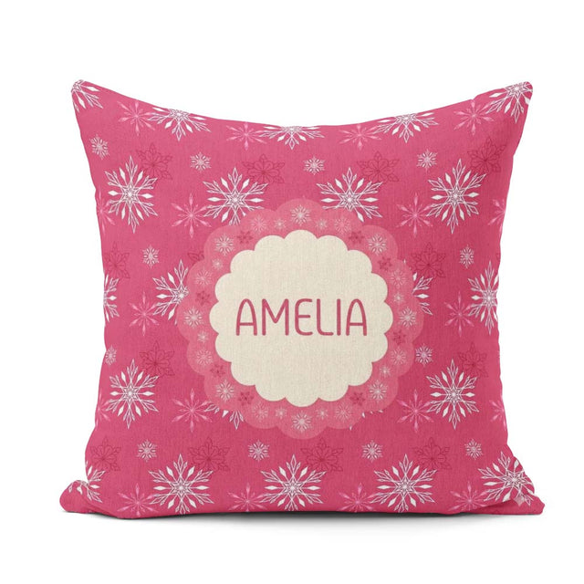 Custom Name Elegant Red Snowflake Winter Holiday Seamless Lovely Square Filled Cushion Throw Pillow Sofa Bed Home Decor Zip Washable UK Made