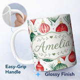 Personalized Custom Name Festive Christmas Baubles and Foliage Watercolor Seamless Pattern 11oz Ceramic Coffee Tea Mug White Large Handle