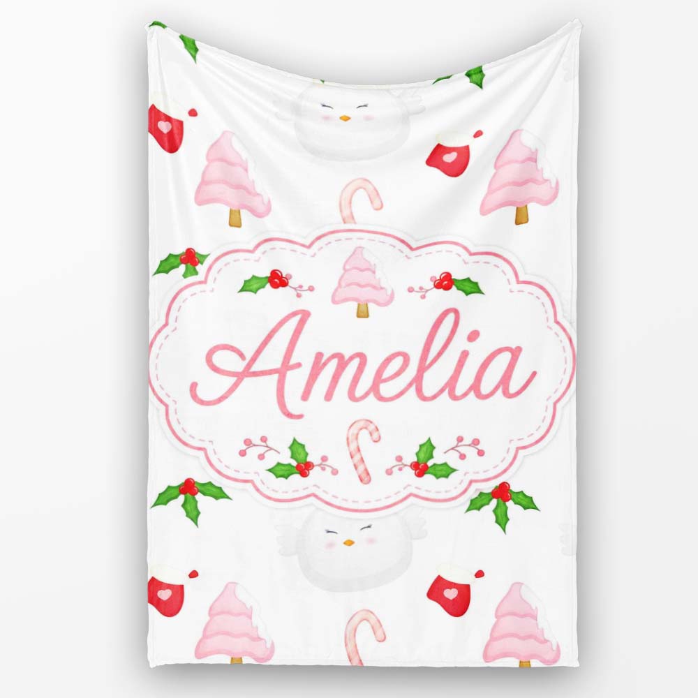 Cute Christmas Dove Holly Candy Cane Seamless Pattern Lovely  Personalised Custom Name Super Soft Fleece Blanket Bed Sofa Throw