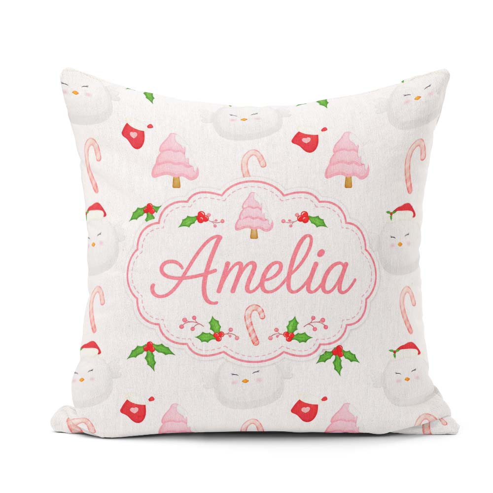 Custom Name Christmas Dove Holly Candy Cane Seamless Pattern Square Filled Cushion Throw Pillow Sofa Bed Home Decor Zip Washable UK Made