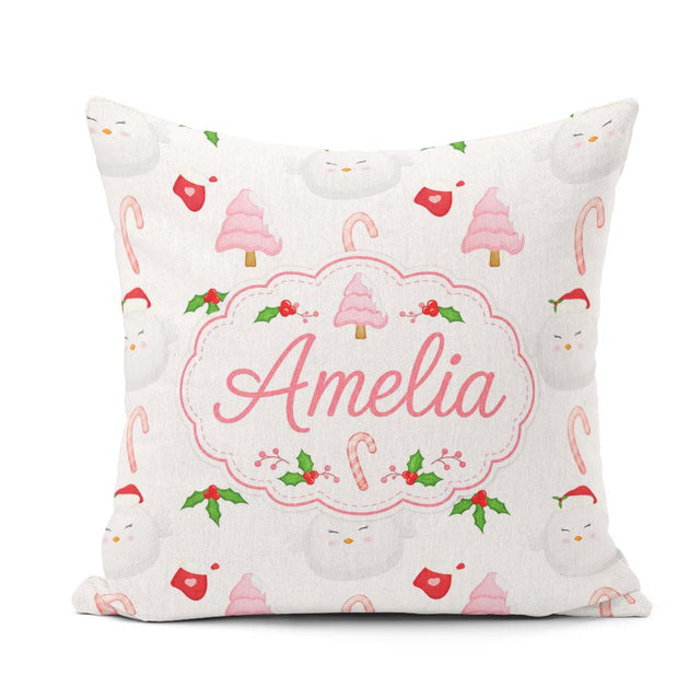 Custom Name Christmas Dove Holly Candy Cane Seamless Pattern Square Filled Cushion Throw Pillow Sofa Bed Home Decor Zip Washable UK Made