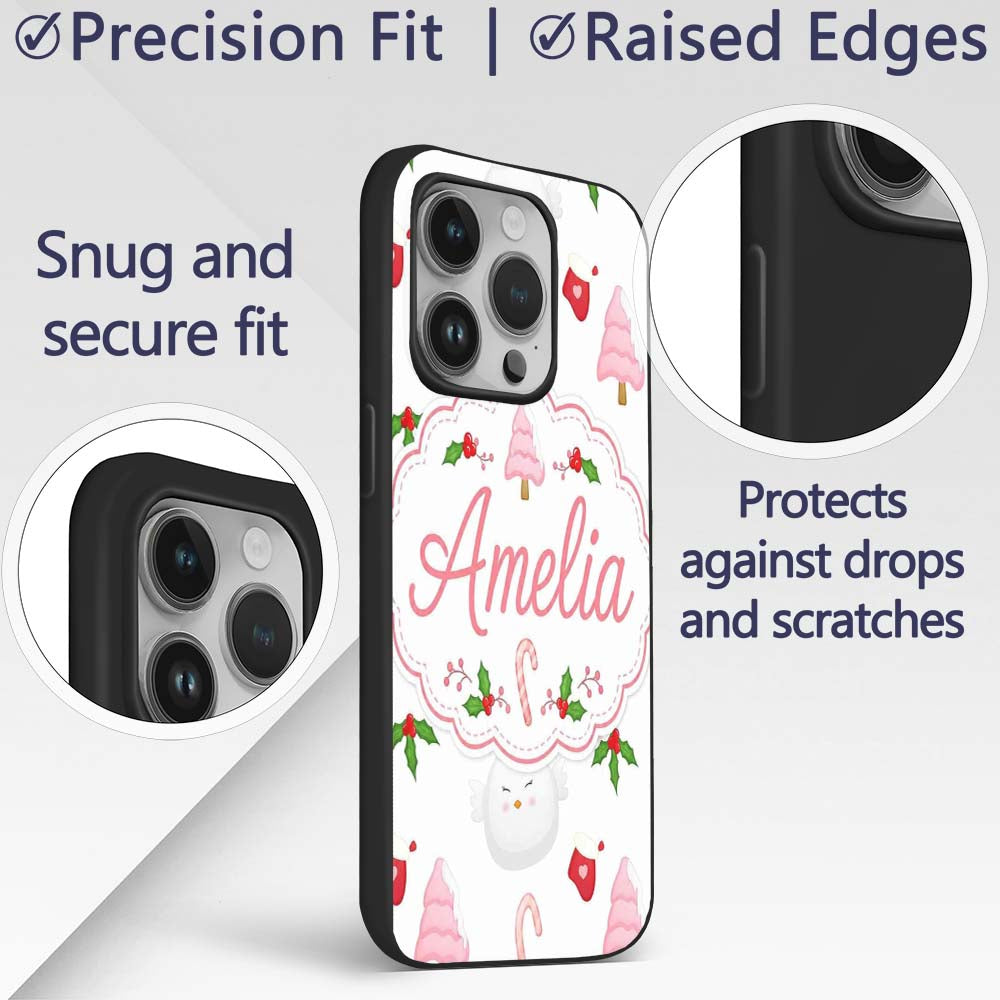 Cute Christmas Dove Holly Candy Cane Seamless Custom Name Protective Phone Case Mobile Cover Durable Everyday Smartphone Shock Resistant