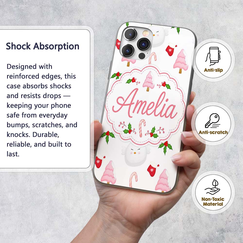 Cute Christmas Dove Holly Candy Cane Seamless Custom Name Protective Phone Case Mobile Cover Durable Everyday Smartphone Shock Resistant