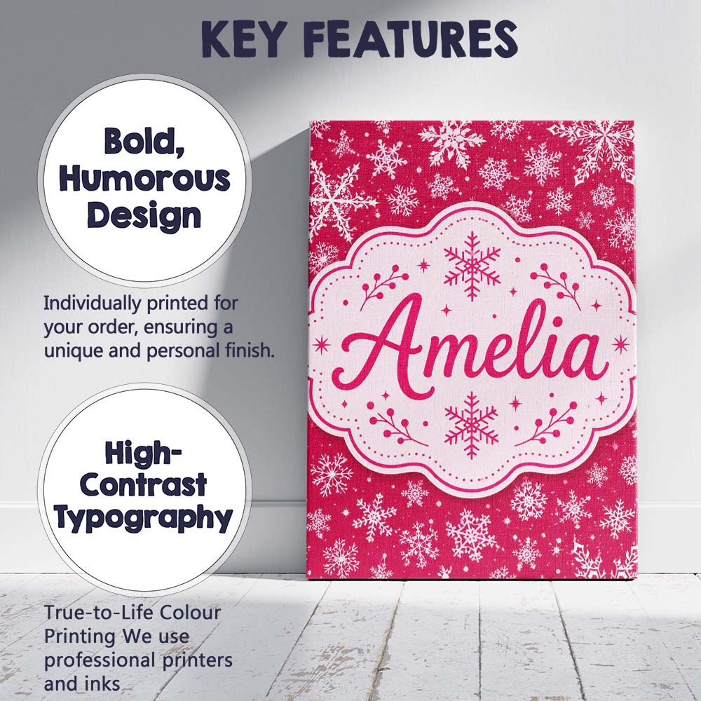 Personalised Name Elegant White Snowflake Custom  Bespoke Decorative Contemporary Canvas Wall Art Print Decor Picture Ready to Hang