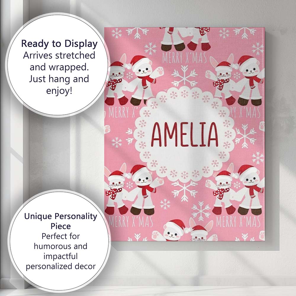 Personalised Name Cute Bunny Bear Merry Custom  Modern Room Accent Elegant Feature Canvas Wall Art Print Decor Picture Ready to Hang