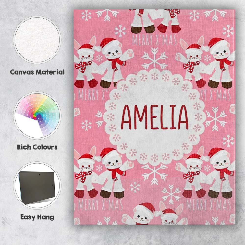 Personalised Name Cute Bunny Bear Merry Custom  Modern Room Accent Elegant Feature Canvas Wall Art Print Decor Picture Ready to Hang