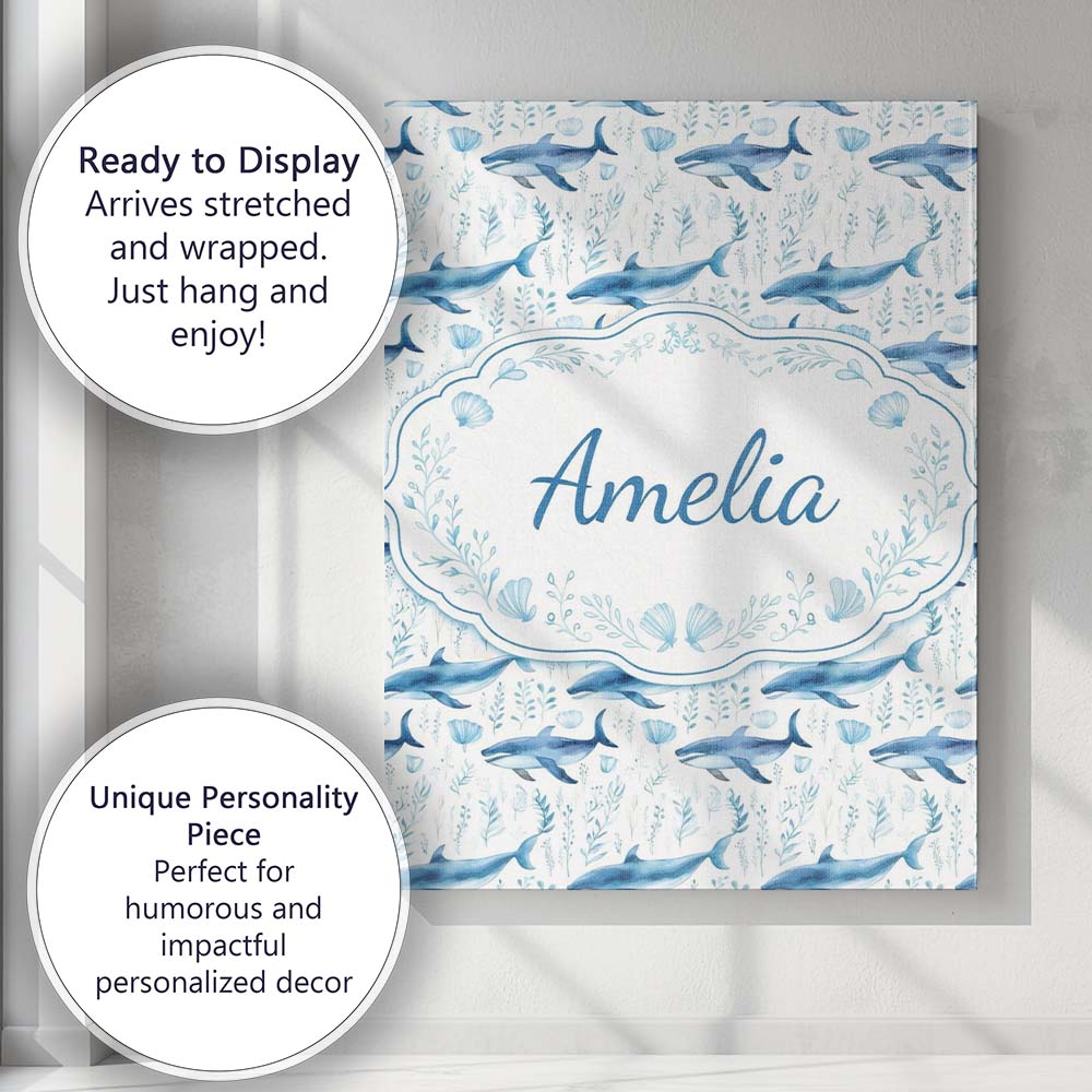 Personalised Name Watercolor Blue Dolphin Seaweed Seamless Pattern Custom  Unique Canvas Wall Art Print Decor Picture Ready to Hang