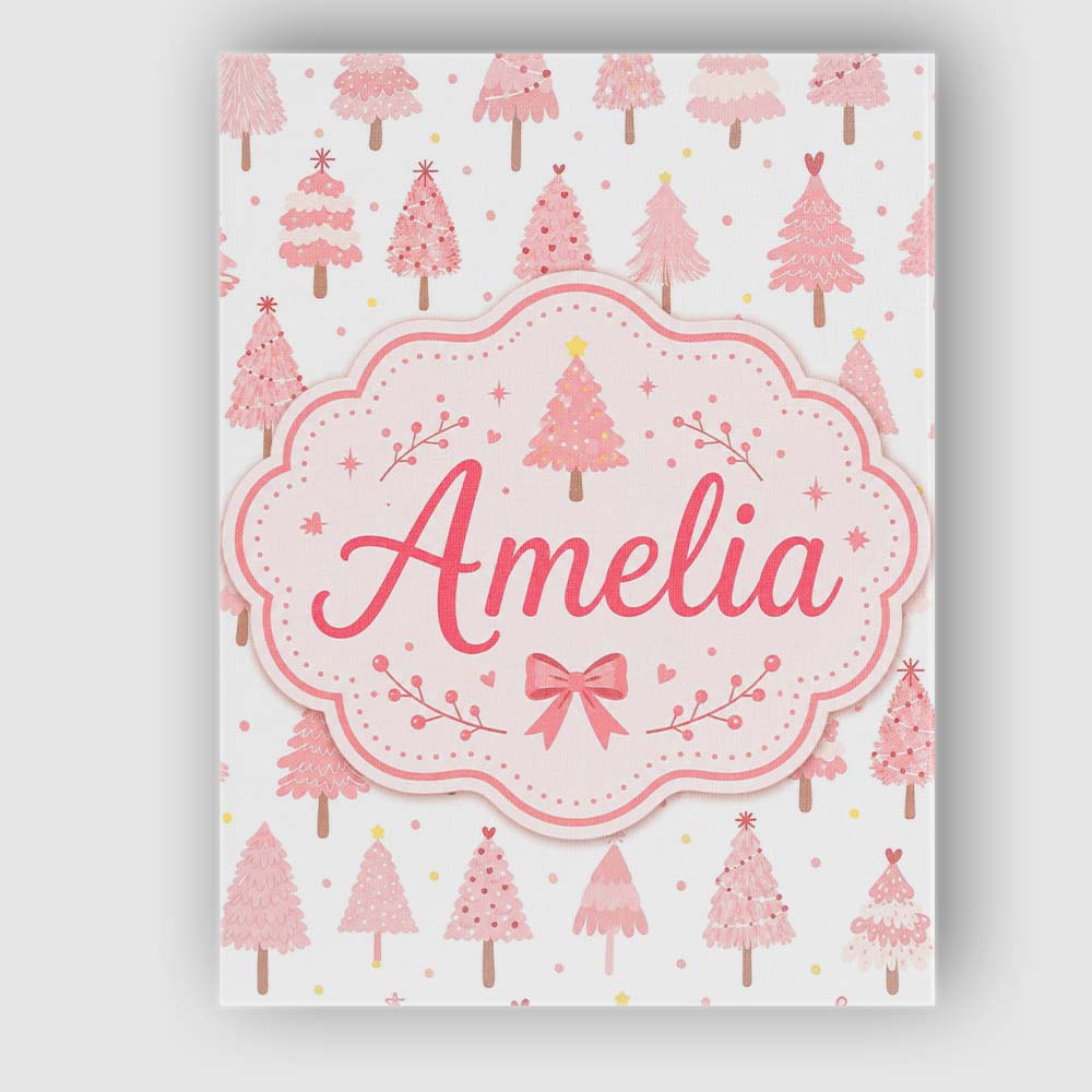 Personalised Name Pink Christmas Tree Custom Modern Room Accent Creative Decorator Style Canvas Wall Art Print Decor Picture Ready to Hang