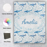 Personalised Name Watercolor Blue Dolphin Seaweed Seamless Pattern Custom  Unique Canvas Wall Art Print Decor Picture Ready to Hang