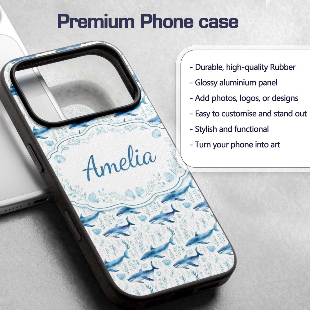 Watercolor Blue Dolphin Seaweed Seamless Pattern Custom Name Protective Phone Case Mobile Cover Durable Everyday Smartphone Shock Resistant