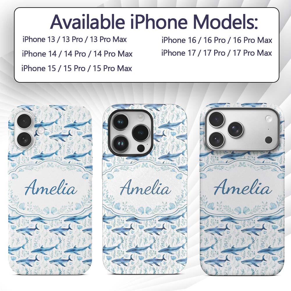 Watercolor Blue Dolphin Seaweed Seamless Pattern Custom Name Protective Phone Case Mobile Cover Durable Everyday Smartphone Shock Resistant