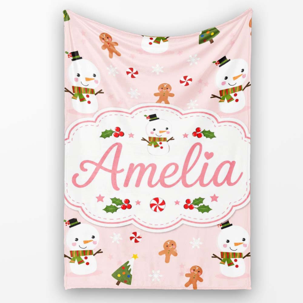 Cute Snowman Gingerbread Candy Winter Seamless Pattern Lovely  Personalised Custom Name Super Soft Fleece Blanket Bed Sofa Throw