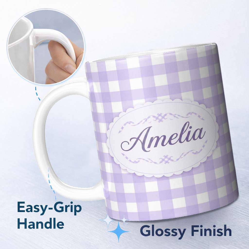 Personalized Custom Name Soft Purple And White Gingham Check Seamless Pattern Classic Lovely 11oz Ceramic Coffee Tea Mug White Large Handle
