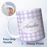 Personalized Custom Name Soft Purple And White Gingham Check Seamless Pattern Classic Lovely 11oz Ceramic Coffee Tea Mug White Large Handle