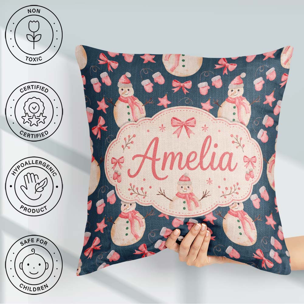 Custom Name Watercolor Snowman Mittens Bow Winter Pattern Lovely Square Filled Cushion Throw Pillow Sofa Bed Home Decor Zip Washable UK Made