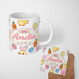 Personalized Custom Name Cute Easter Bunny Chick Carrots Eggs Polka Dot Seamless Pattern Grey 11oz Ceramic Coffee Tea Mug White Large Handle