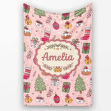 Festive Christmas Tree Gift Coffee Cozy Seamless Pattern Lovely  Personalised Custom Name Super Soft Fleece Blanket Bed Sofa Throw