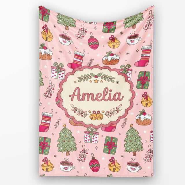 Festive Christmas Tree Gift Coffee Cozy Seamless Pattern Lovely  Personalised Custom Name Super Soft Fleece Blanket Bed Sofa Throw