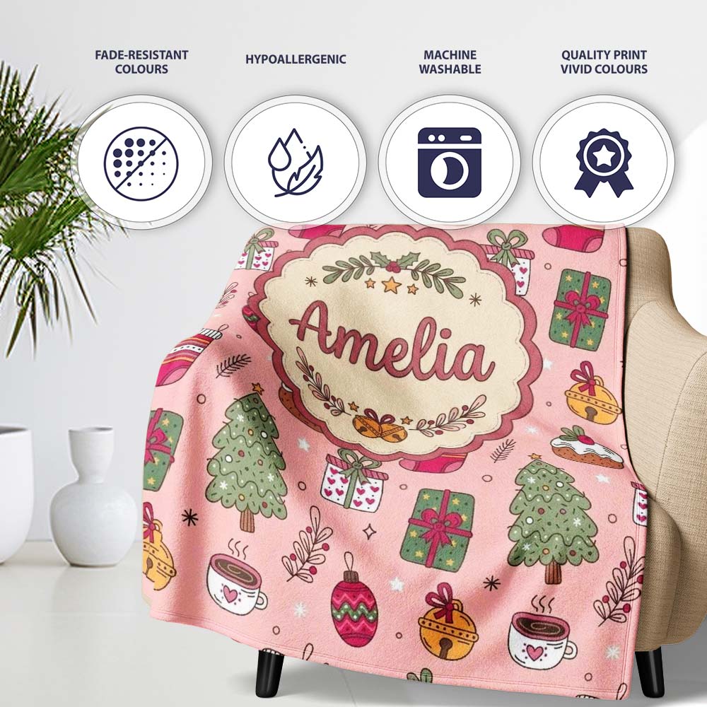Festive Christmas Tree Gift Coffee Cozy Seamless Pattern Lovely  Personalised Custom Name Super Soft Fleece Blanket Bed Sofa Throw