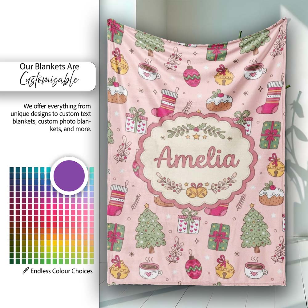 Festive Christmas Tree Gift Coffee Cozy Seamless Pattern Lovely  Personalised Custom Name Super Soft Fleece Blanket Bed Sofa Throw