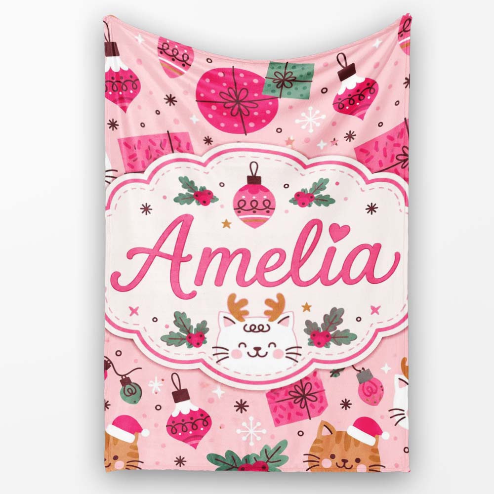 Cute Christmas Cats Gifts Baubles Holly Seamless Pattern Lovely  Personalised Custom Name Super Soft Fleece Blanket Bed Sofa Throw