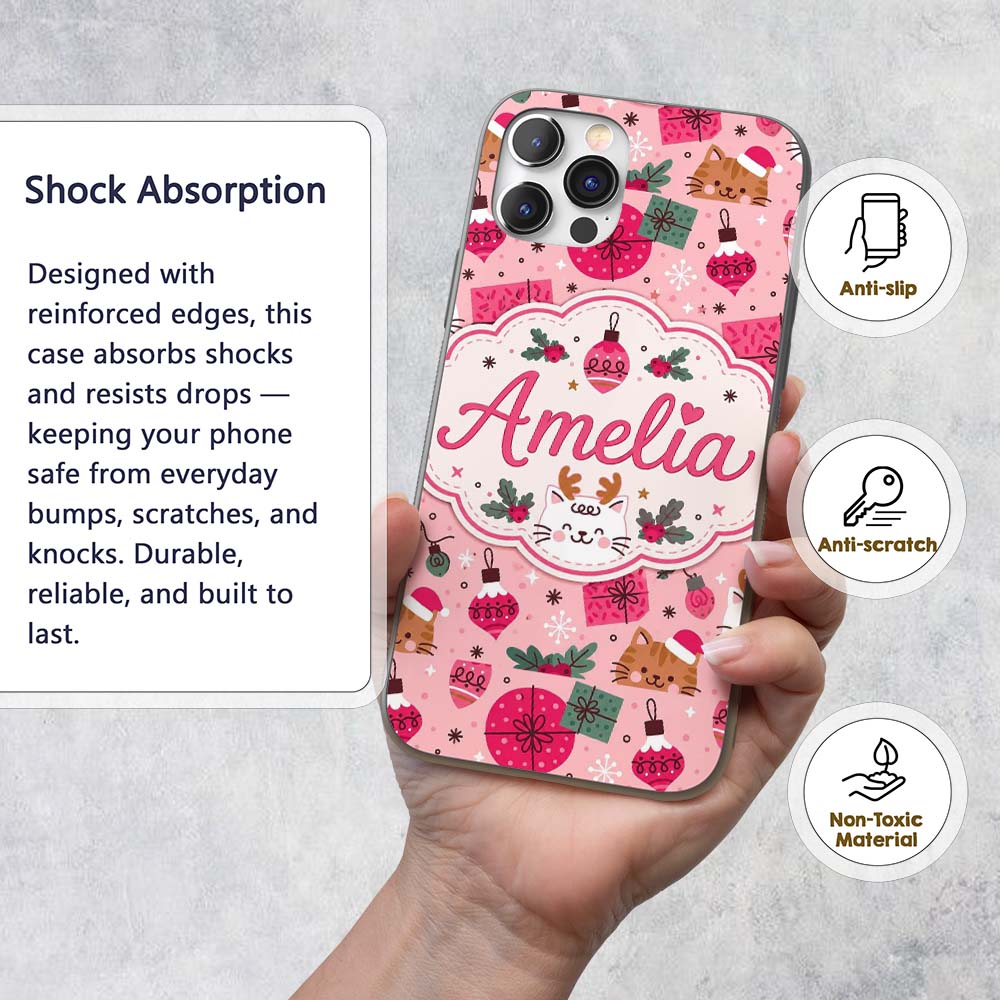 Cute Christmas Cats Gifts Baubles Holly Seamless Custom Name Protective Phone Case Mobile Cover Durable Everyday Smartphone Shock Resistant