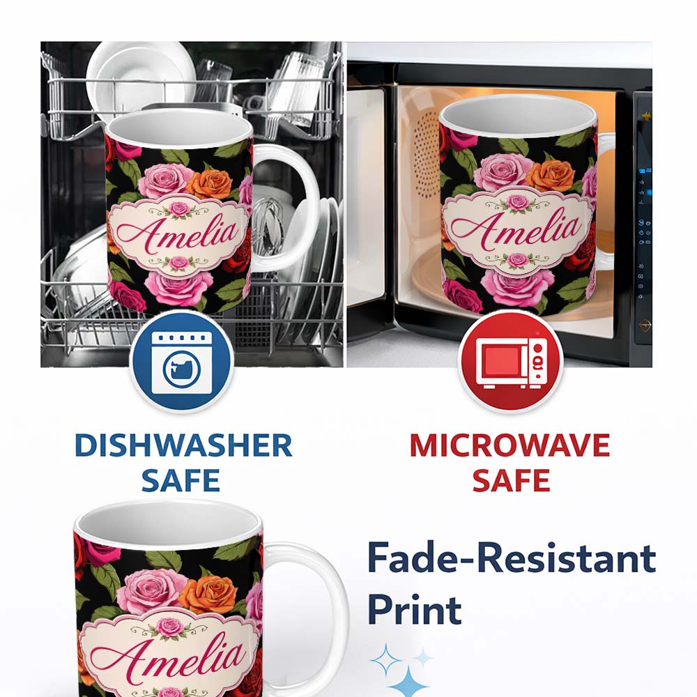 Personalized Custom Name Colorful Roses on Black Background Seamless Floral Pattern Lovely 11oz Ceramic Coffee Tea Mug White Large Handle