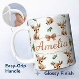 Personalized Custom Name Cute Baby Reindeer Holly Christmas Seamless Pattern Cute Unique Gift 11oz Ceramic Coffee Tea Mug White Large Handle