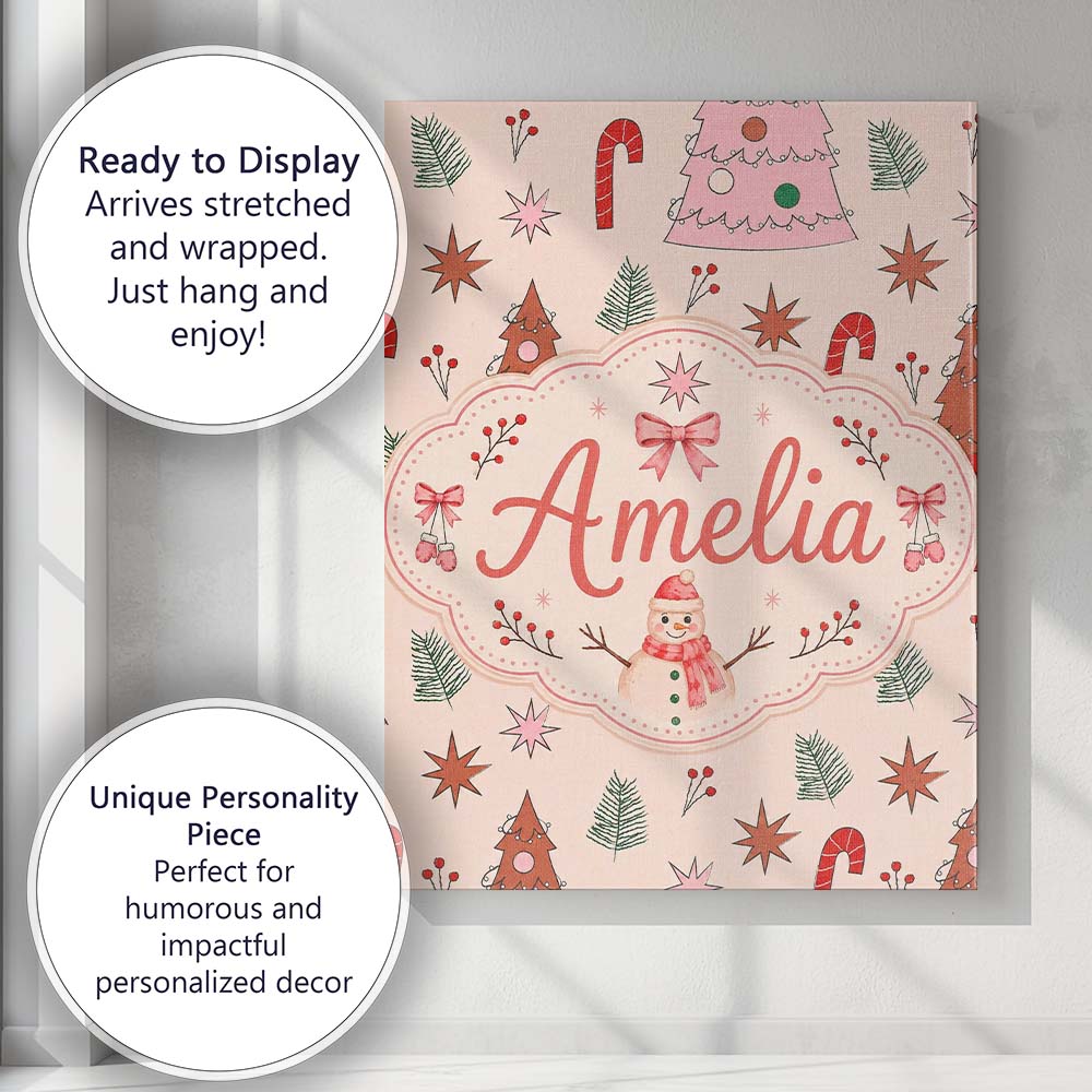 Personalised Name Cute Hand Drawn Christmas Custom  Bespoke Interior Contemporary Canvas Wall Art Print Decor Picture Ready to Hang