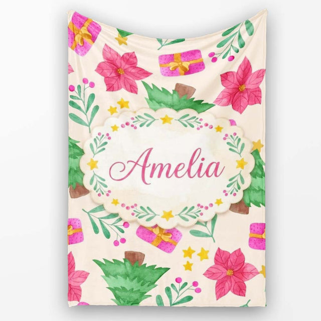 Watercolor Christmas Poinsettia Gift Seamless Pattern Lovely  Personalised Custom Name Super Soft Fleece Blanket Bed Sofa Throw