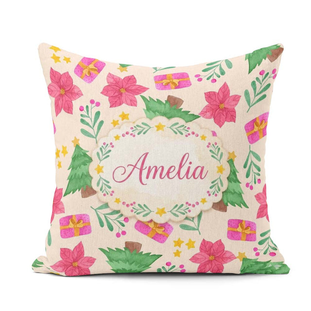 Custom Name Watercolor Christmas Poinsettia Seamless Pattern Square Filled Cushion Throw Pillow Sofa Bed Home Decor Zip Washable UK Made