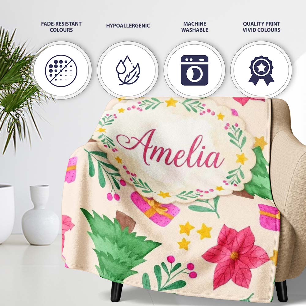 Watercolor Christmas Poinsettia Gift Seamless Pattern Lovely  Personalised Custom Name Super Soft Fleece Blanket Bed Sofa Throw
