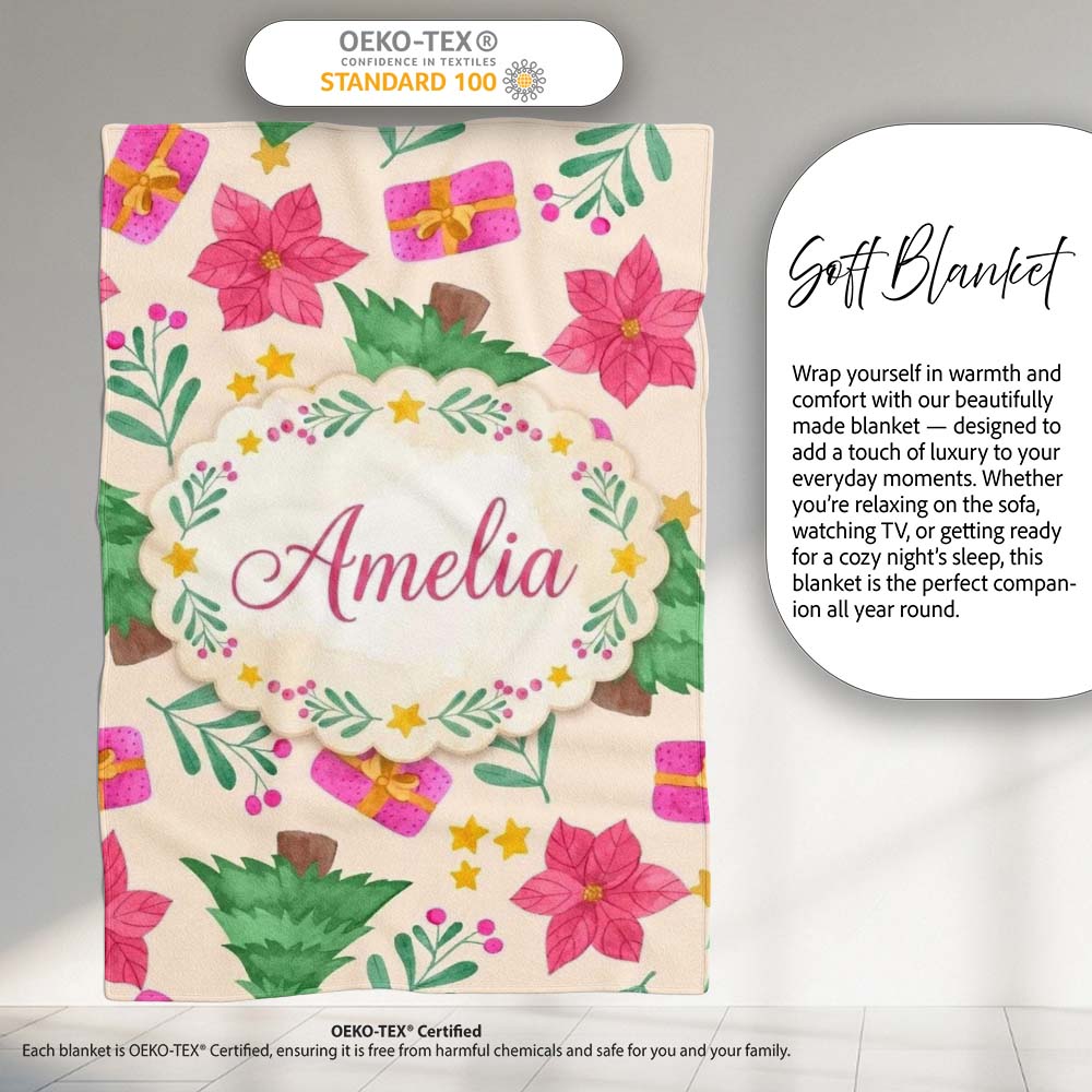 Watercolor Christmas Poinsettia Gift Seamless Pattern Lovely  Personalised Custom Name Super Soft Fleece Blanket Bed Sofa Throw