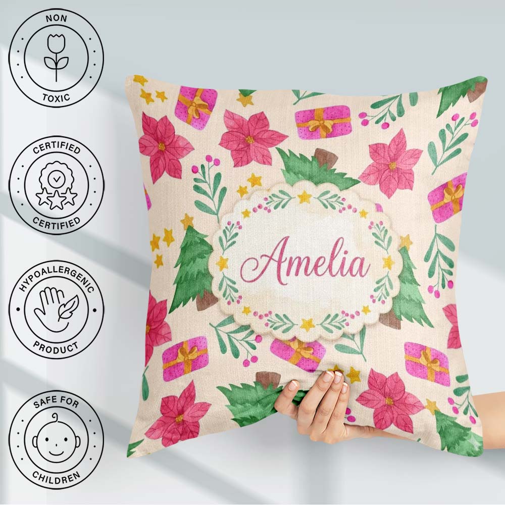 Custom Name Watercolor Christmas Poinsettia Seamless Pattern Square Filled Cushion Throw Pillow Sofa Bed Home Decor Zip Washable UK Made