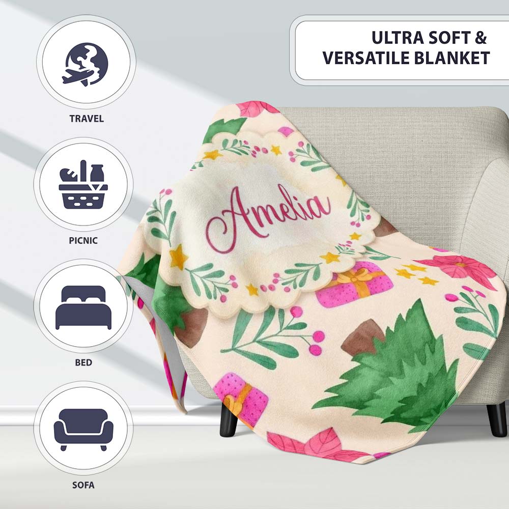 Watercolor Christmas Poinsettia Gift Seamless Pattern Lovely  Personalised Custom Name Super Soft Fleece Blanket Bed Sofa Throw