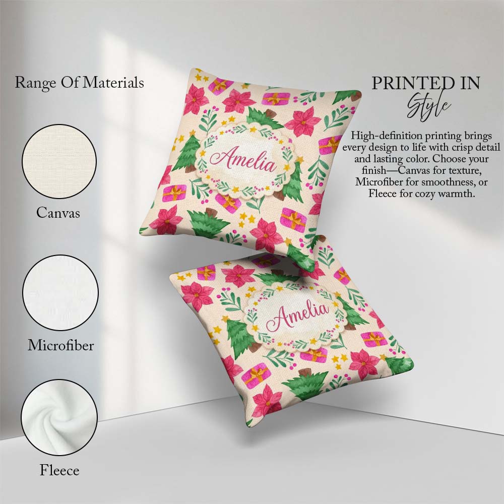Custom Name Watercolor Christmas Poinsettia Seamless Pattern Square Filled Cushion Throw Pillow Sofa Bed Home Decor Zip Washable UK Made