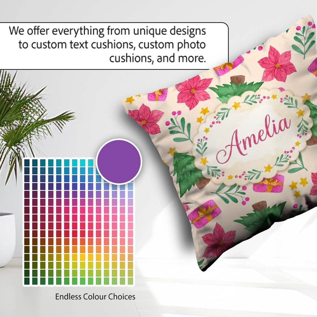 Custom Name Watercolor Christmas Poinsettia Seamless Pattern Square Filled Cushion Throw Pillow Sofa Bed Home Decor Zip Washable UK Made